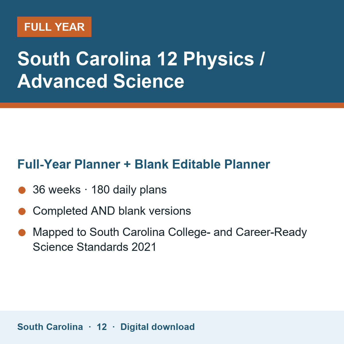Cover of the South Carolina Grade 12 Physics / Advanced Science full-year teacher planner