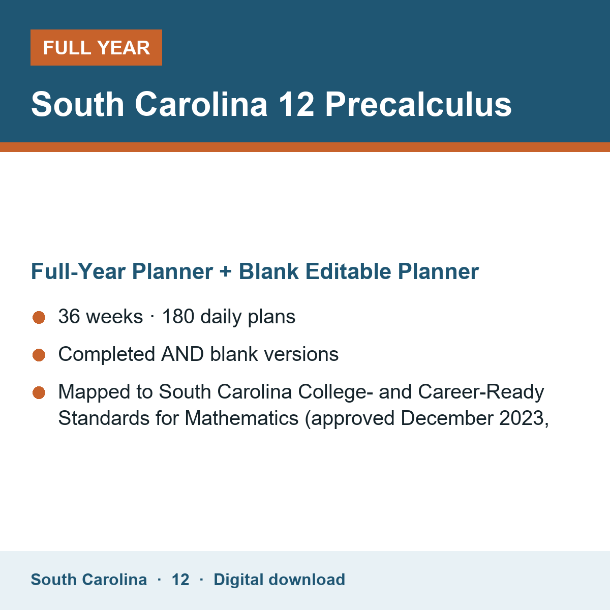 Cover of the South Carolina Grade 12 Precalculus full-year teacher planner
