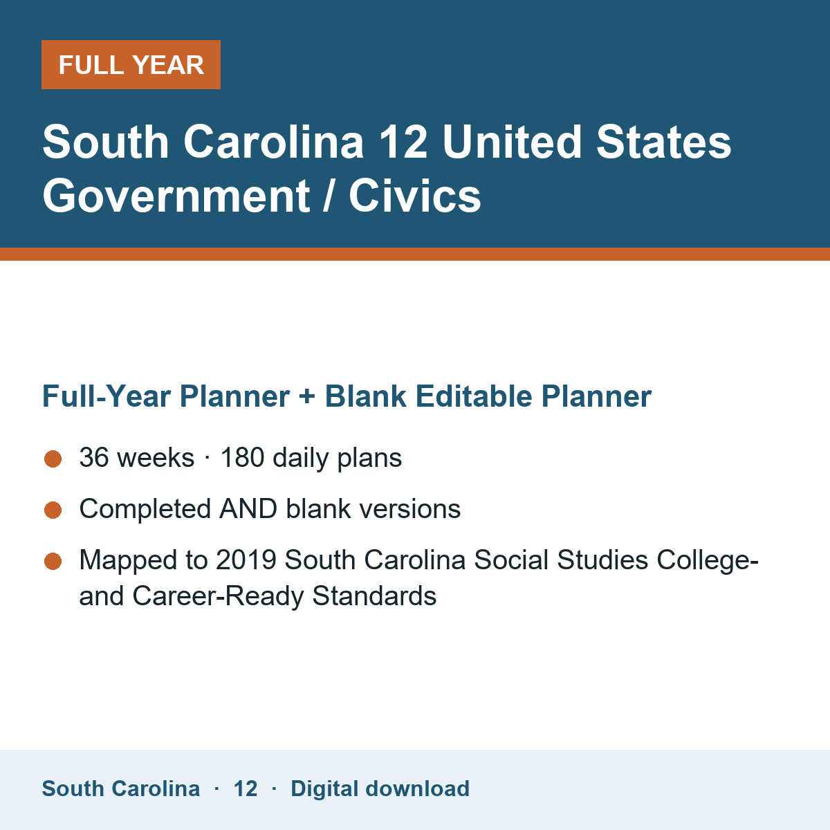 Cover of the South Carolina Grade 12 United States Government / Civics full-year teacher planner