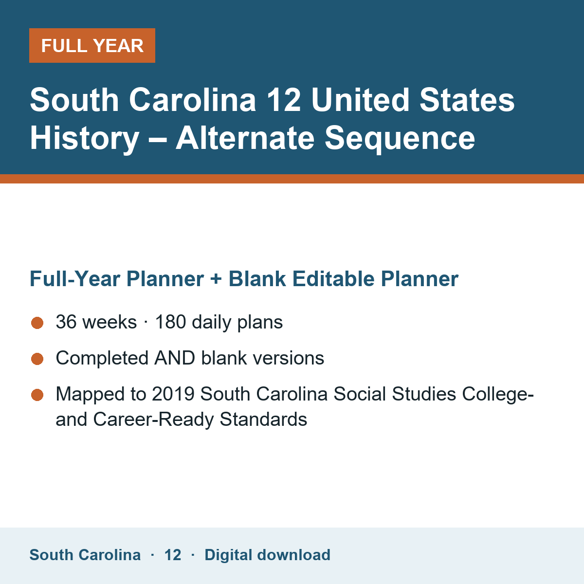 Cover of the South Carolina Grade 12 United States History – Alternate Sequence full-year teacher planner