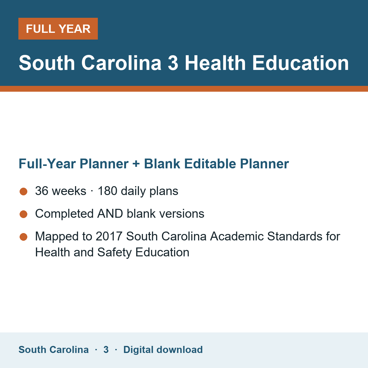 Cover of the South Carolina Grade 3 Health Education full-year teacher planner