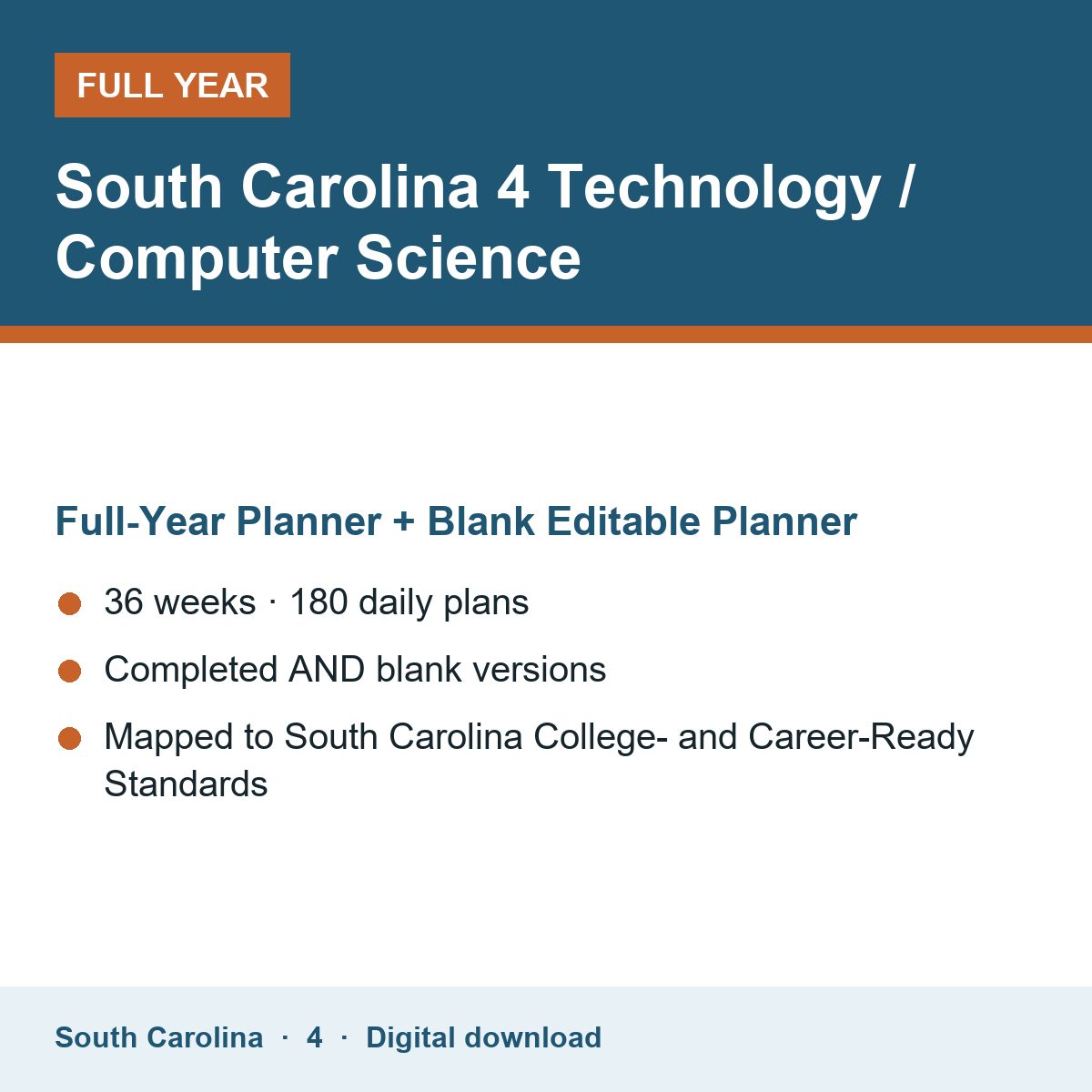 Cover of the South Carolina Grade 4 Technology / Computer Science full-year teacher planner