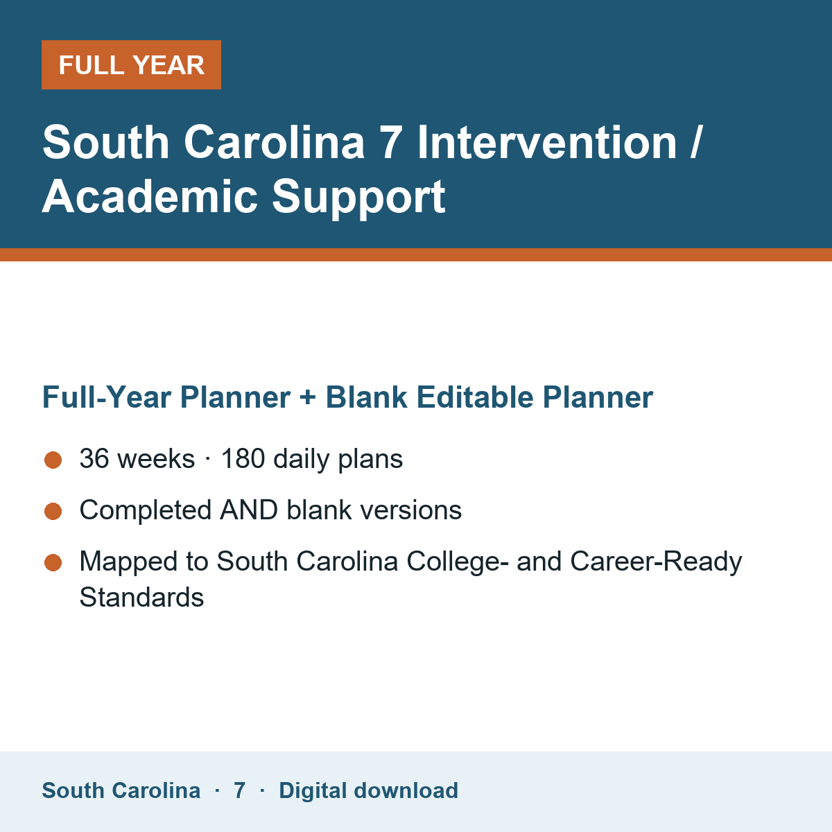 Cover of the South Carolina Grade 7 Intervention / Academic Support full-year teacher planner
