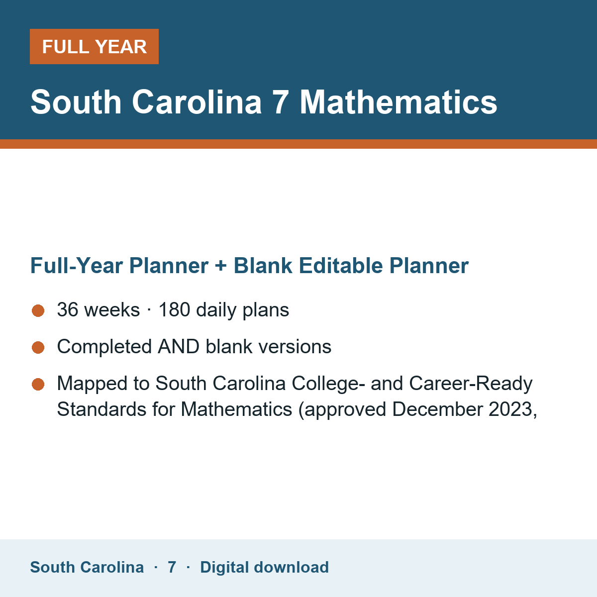 Cover of the South Carolina Grade 7 Mathematics full-year teacher planner