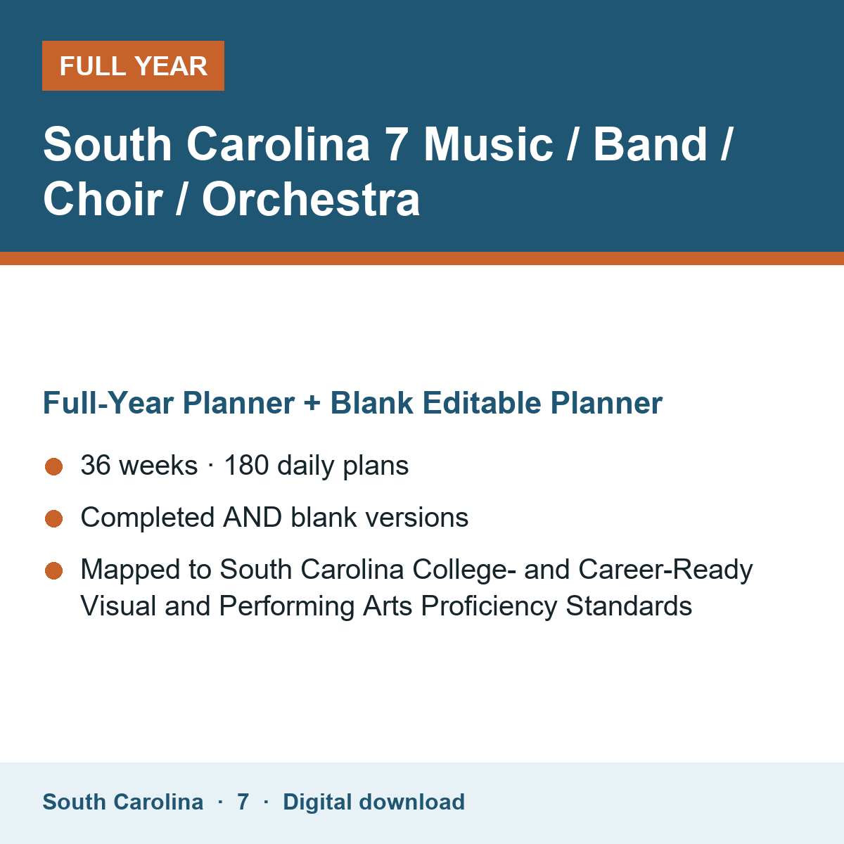 Cover of the South Carolina Grade 7 Music / Band / Choir / Orchestra full-year teacher planner