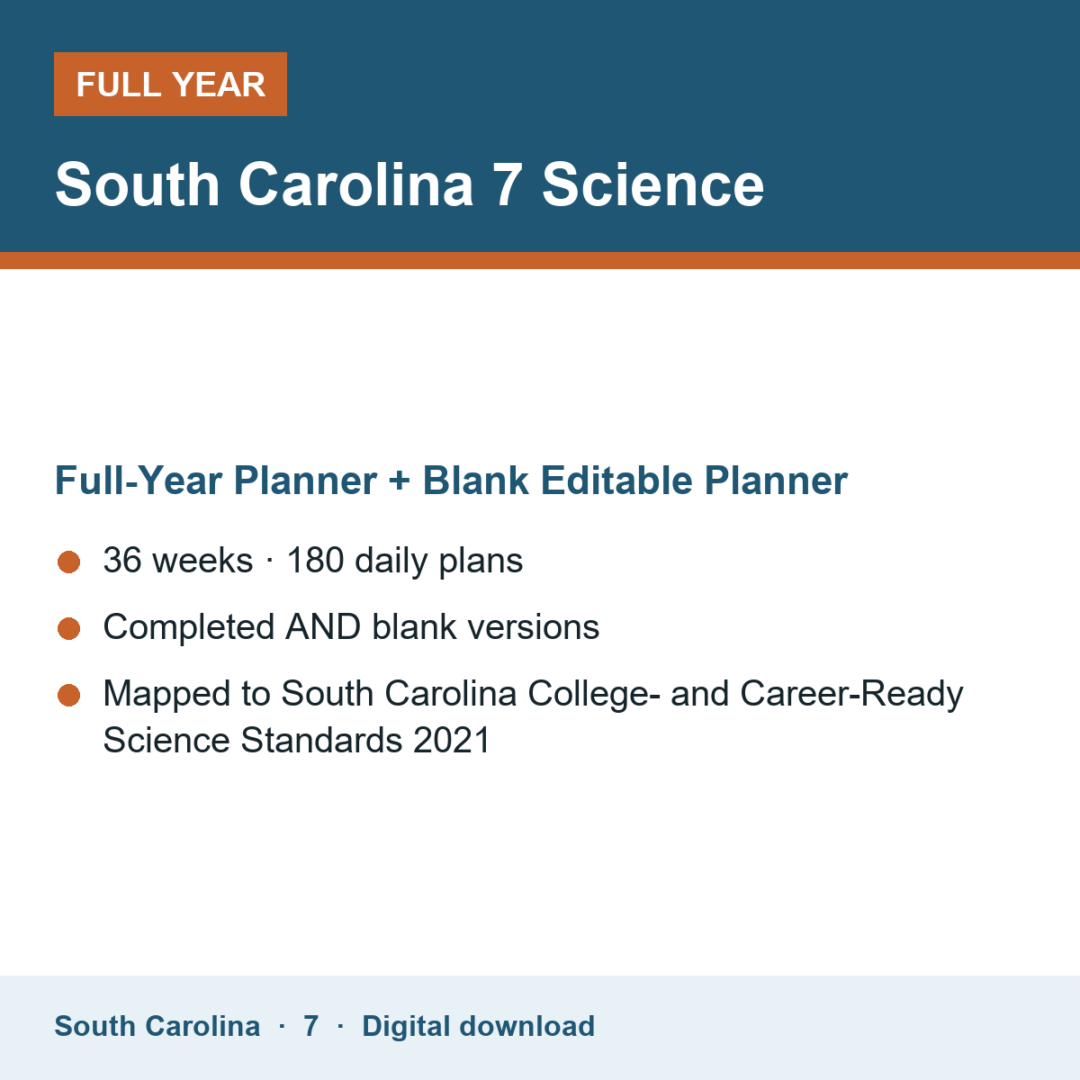 Cover of the South Carolina Grade 7 Science full-year teacher planner