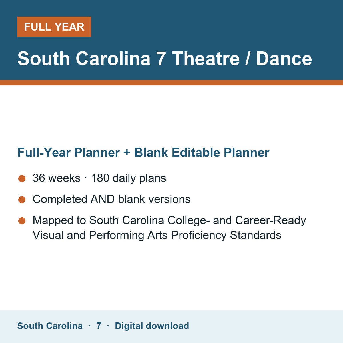 Cover of the South Carolina Grade 7 Theatre / Dance full-year teacher planner