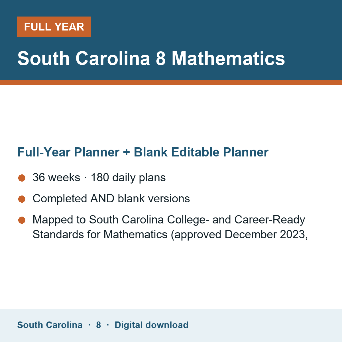 Cover of the South Carolina Grade 8 Mathematics full-year teacher planner