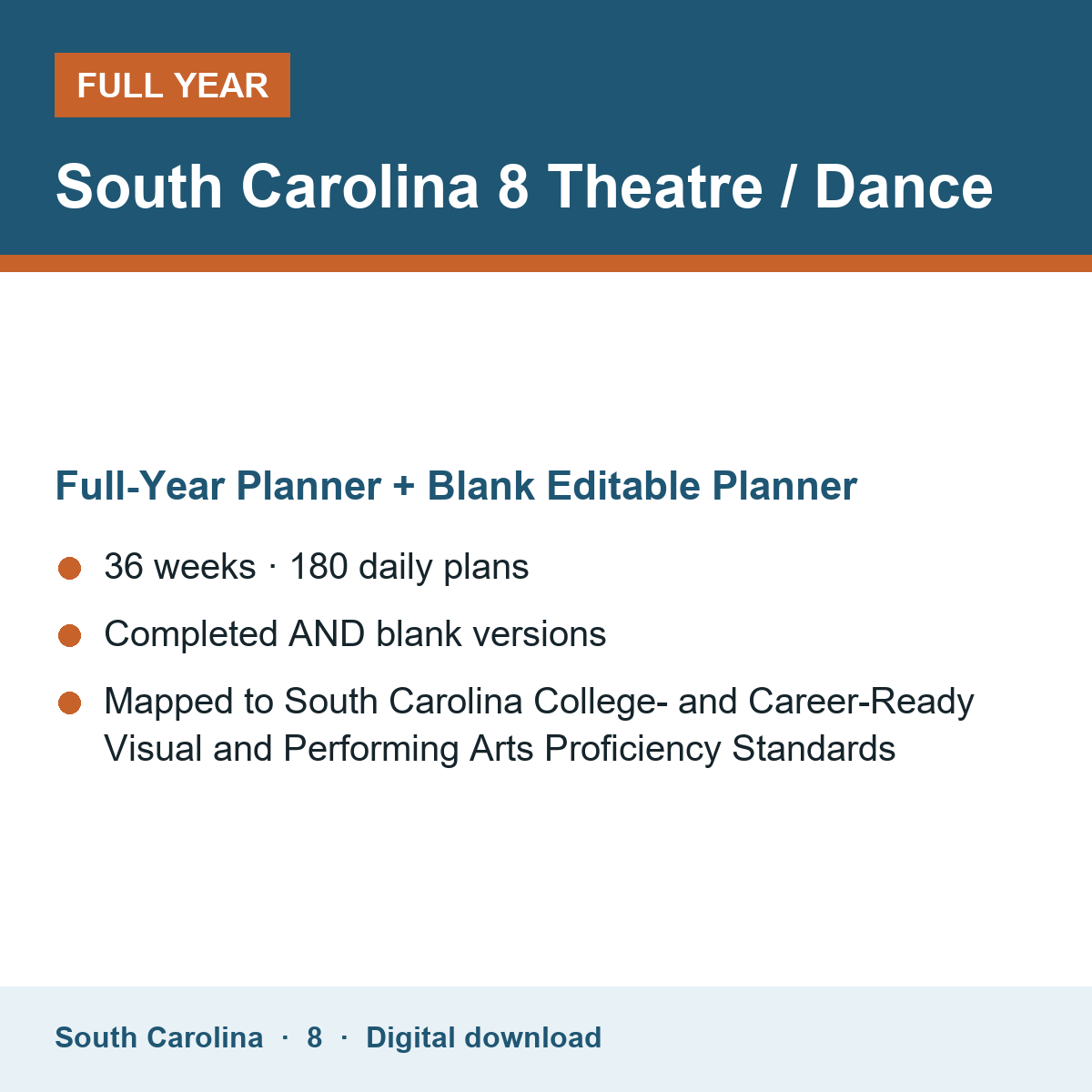 Cover of the South Carolina Grade 8 Theatre / Dance full-year teacher planner