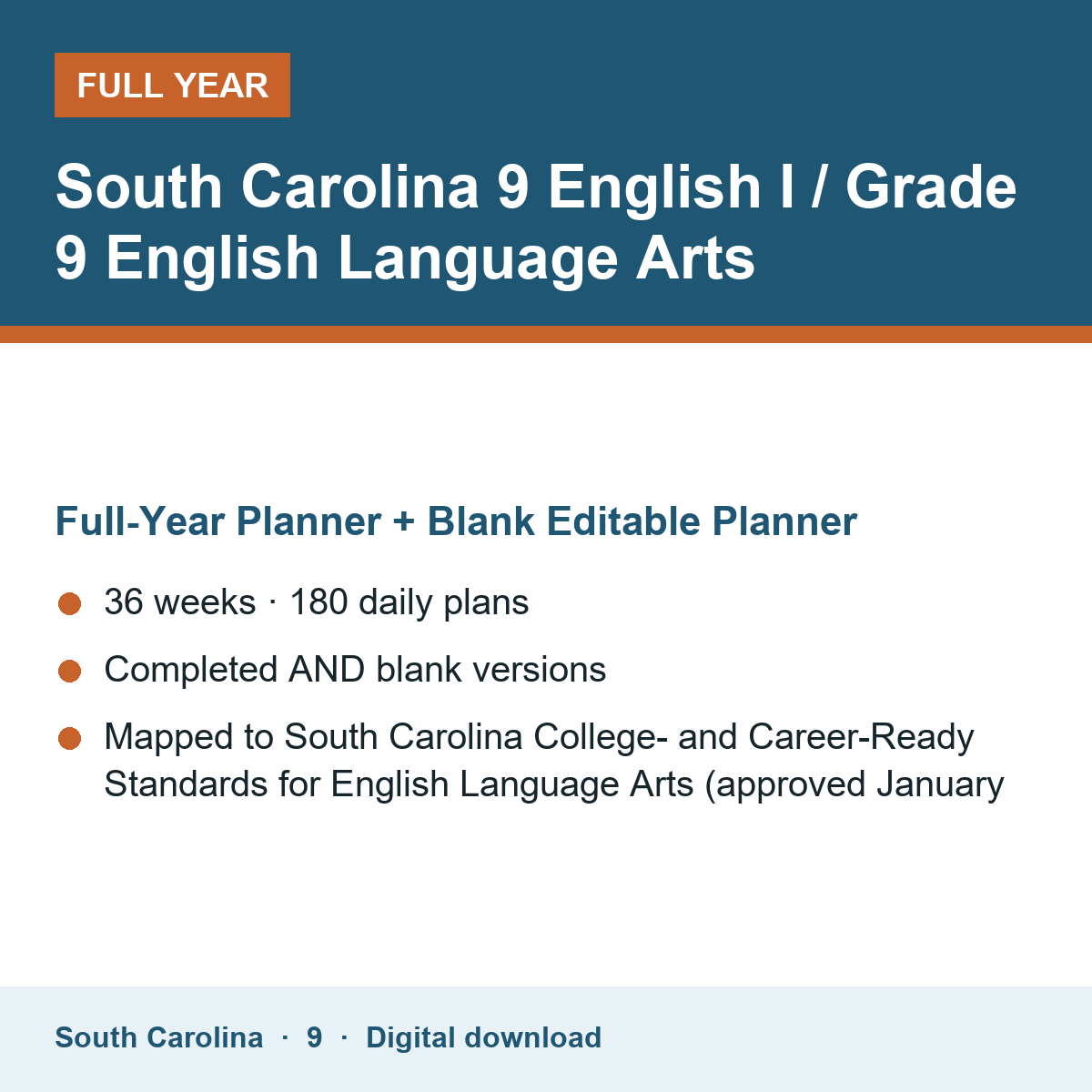 Cover of the South Carolina Grade 9 English I / Grade 9 English Language Arts full-year teacher planner