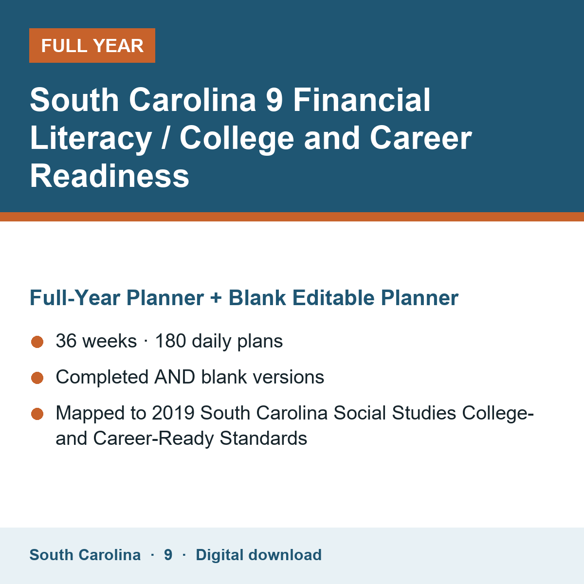Cover of the South Carolina Grade 9 Financial Literacy / College and Career Readiness full-year teacher planner