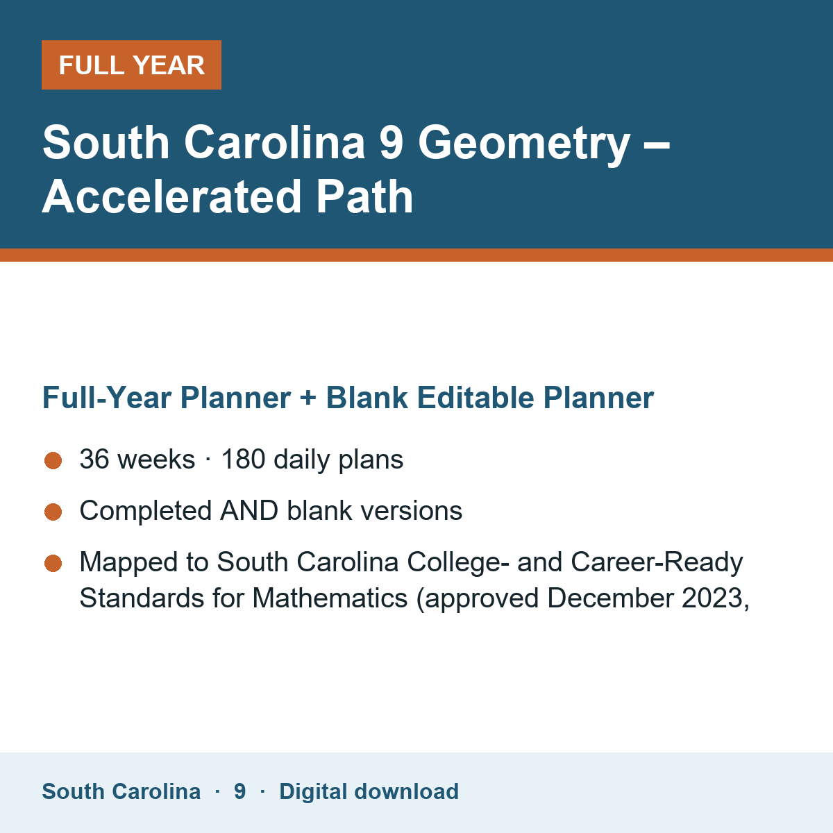 Cover of the South Carolina Grade 9 Geometry – Accelerated Path full-year teacher planner