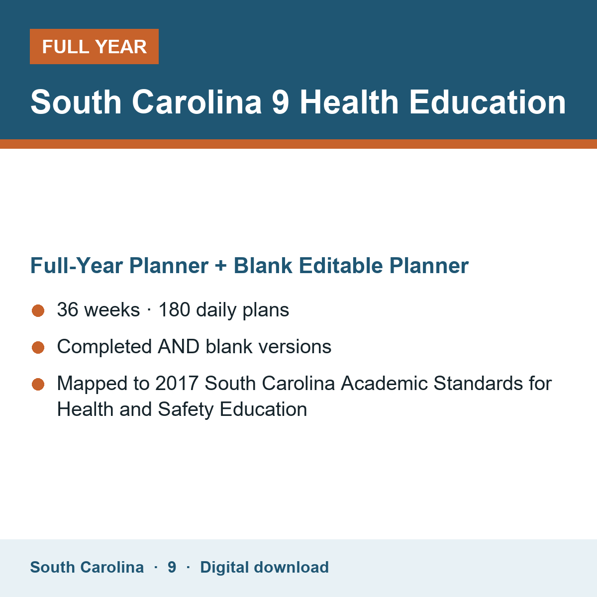 Cover of the South Carolina Grade 9 Health Education full-year teacher planner