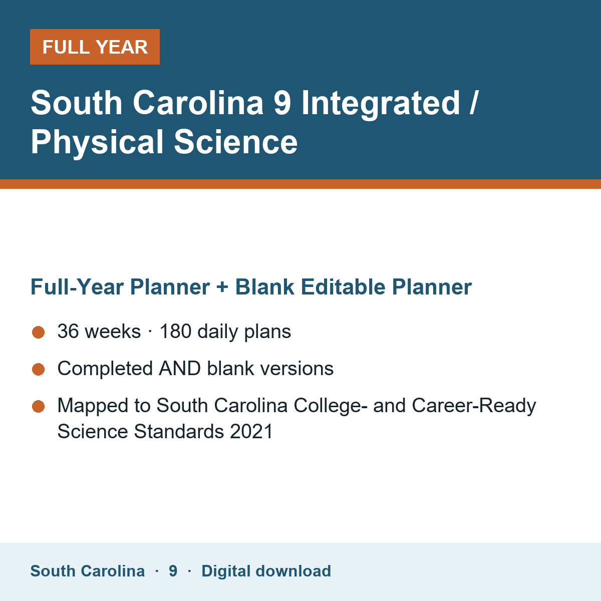 Cover of the South Carolina Grade 9 Integrated / Physical Science full-year teacher planner