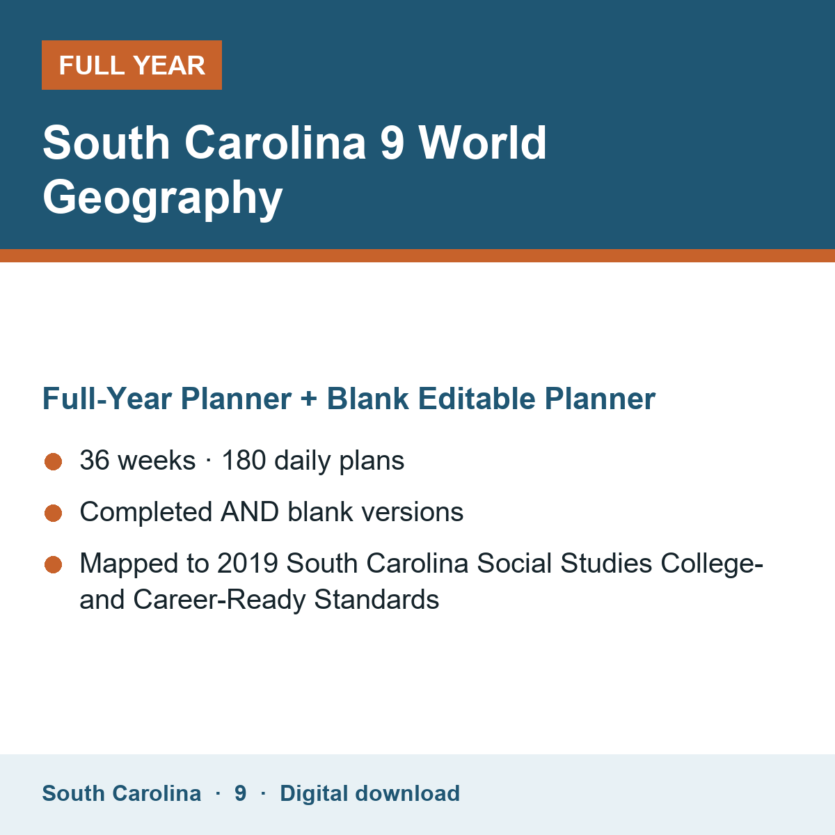 Cover of the South Carolina Grade 9 World Geography full-year teacher planner