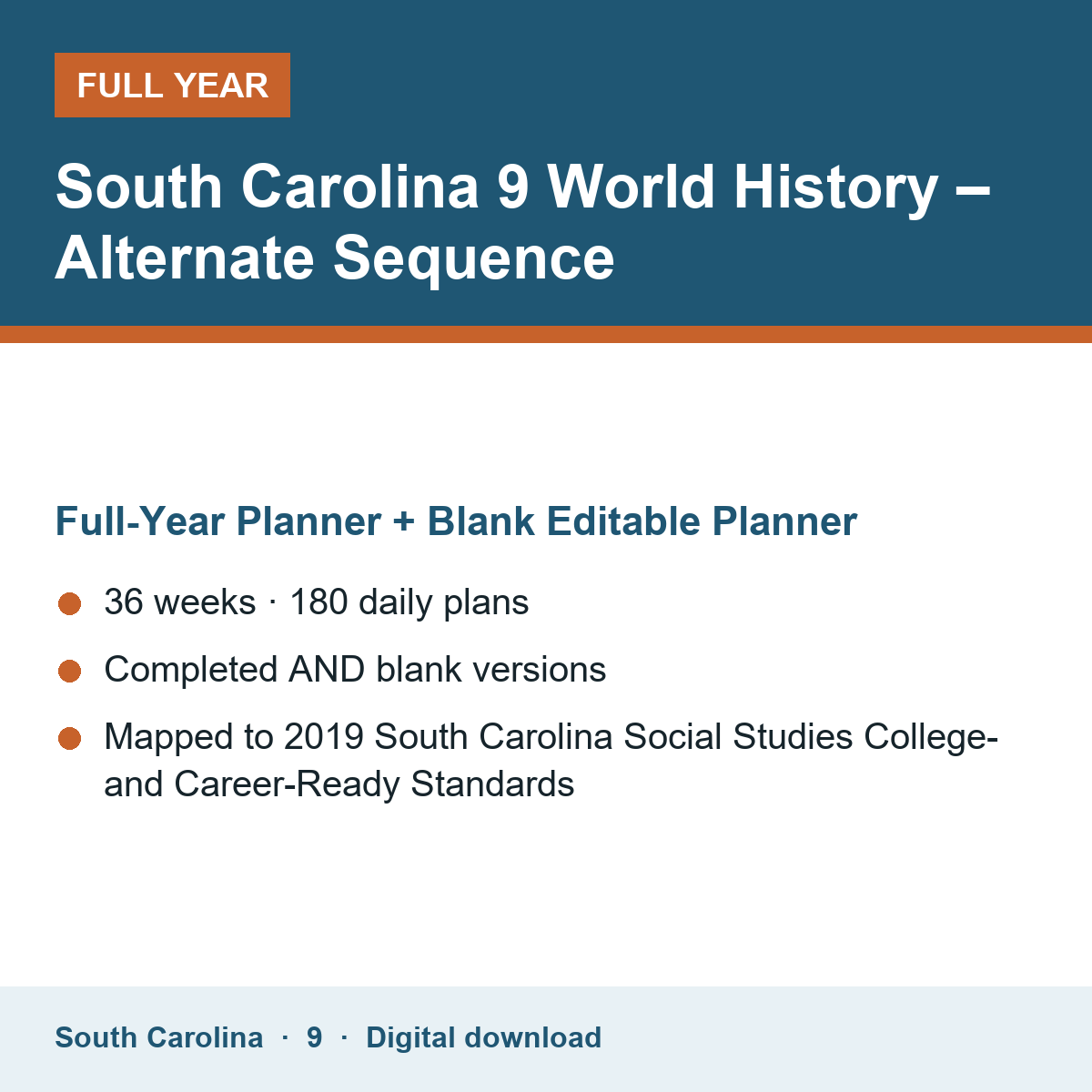 Cover of the South Carolina Grade 9 World History – Alternate Sequence full-year teacher planner