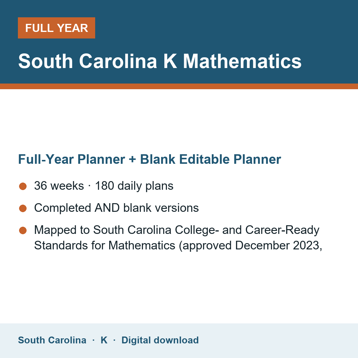 Cover of the South Carolina Grade K Mathematics full-year teacher planner
