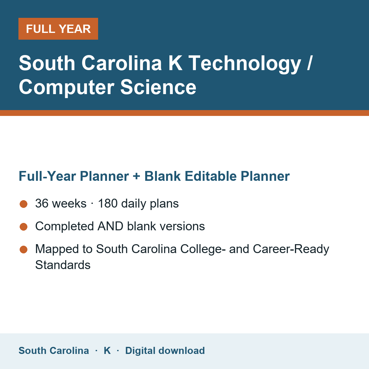 Cover of the South Carolina Grade K Technology / Computer Science full-year teacher planner
