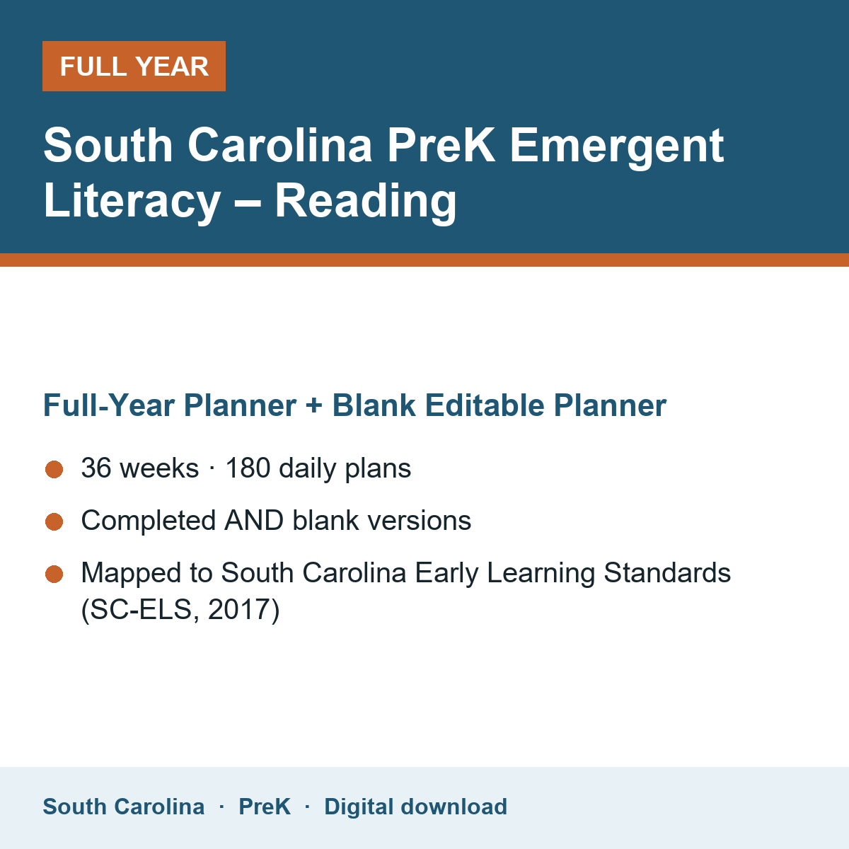 Cover of the South Carolina PreK Emergent Literacy – Reading full-year teacher planner