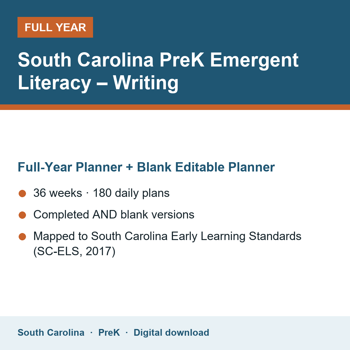 Cover of the South Carolina PreK Emergent Literacy – Writing full-year teacher planner
