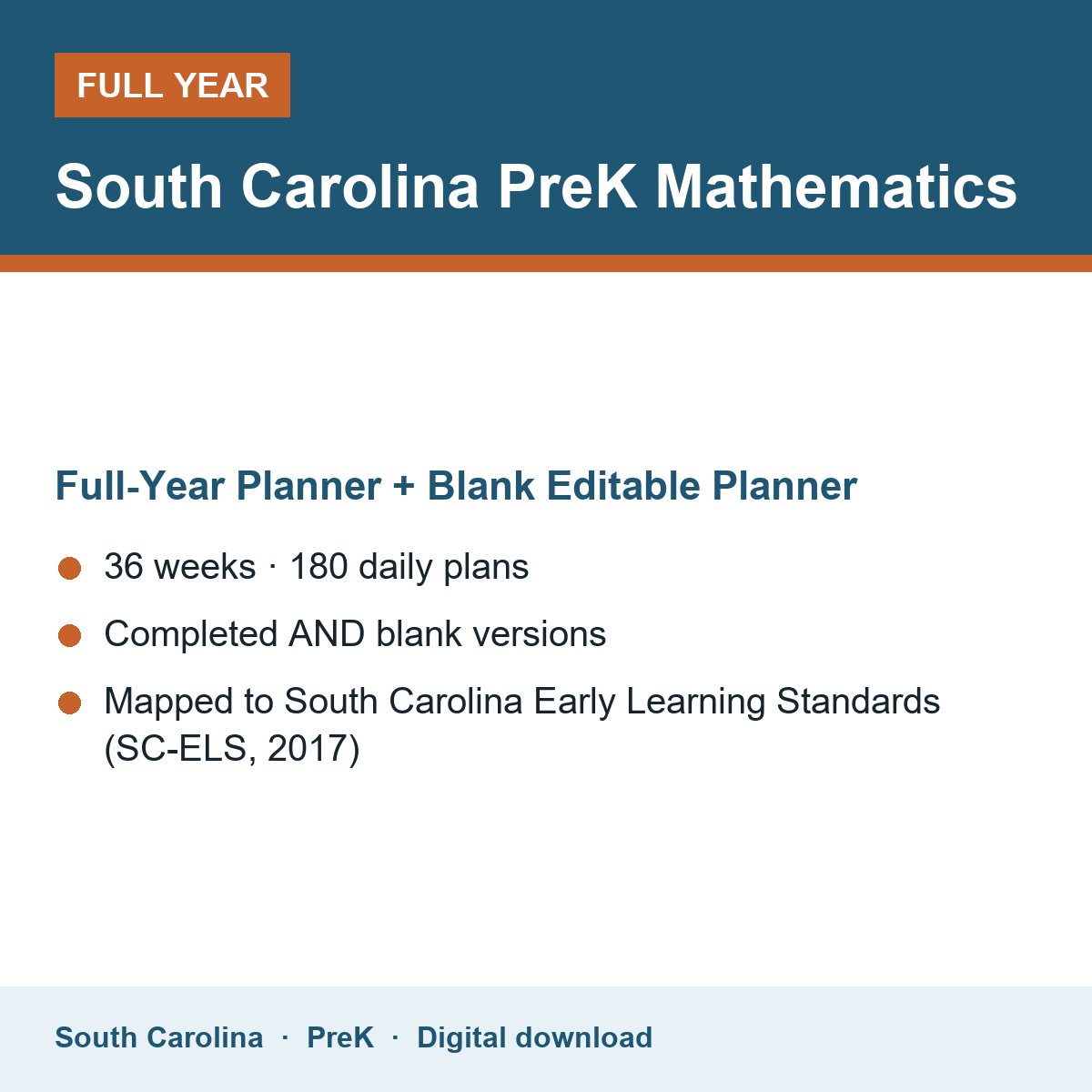 Cover of the South Carolina PreK Mathematics full-year teacher planner