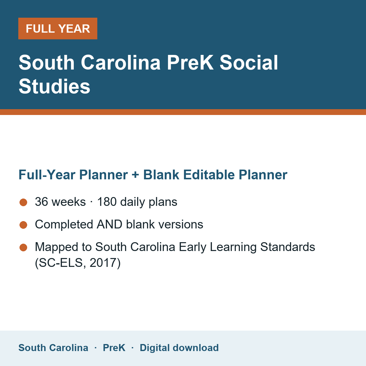 Cover of the South Carolina PreK Social Studies full-year teacher planner