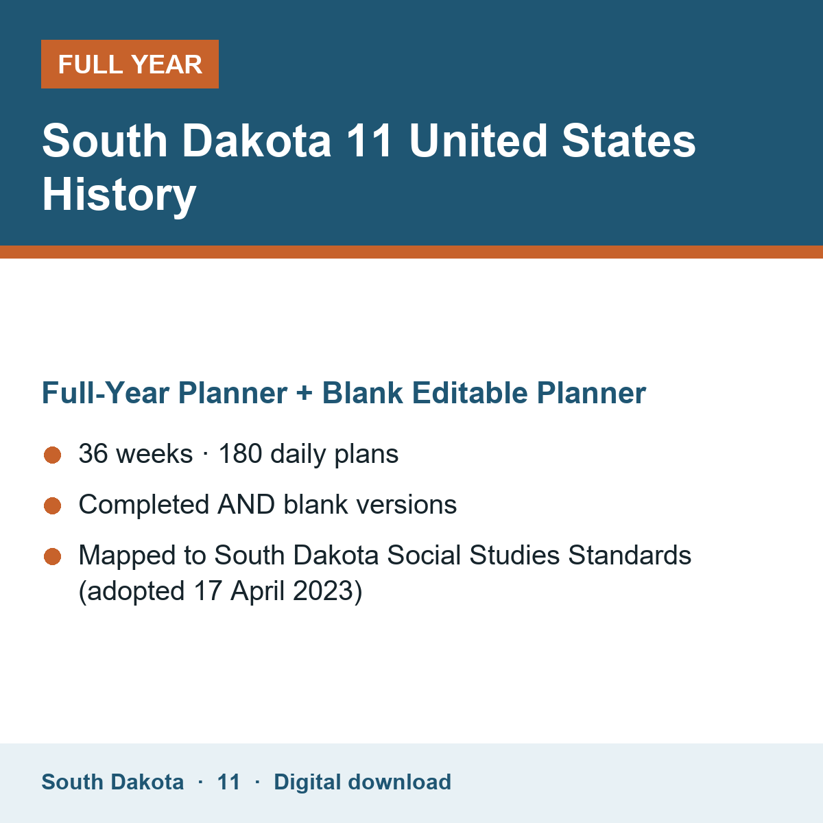 Cover of the South Dakota Grade 11 United States History full-year teacher planner