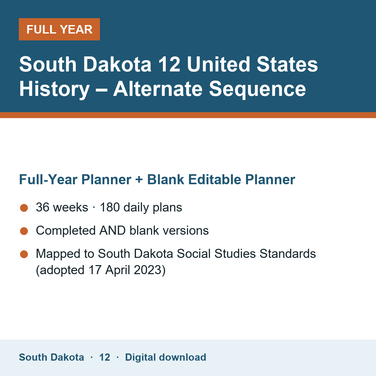 Cover of the South Dakota Grade 12 United States History – Alternate Sequence full-year teacher planner