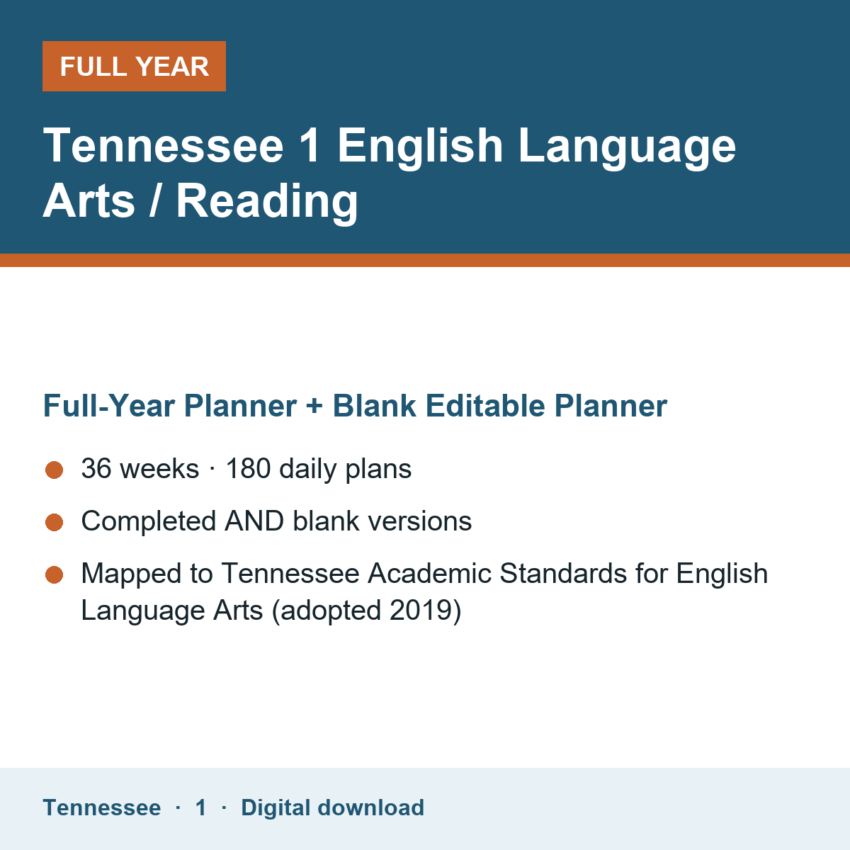 Cover of the Tennessee Grade 1 English Language Arts / Reading full-year teacher planner