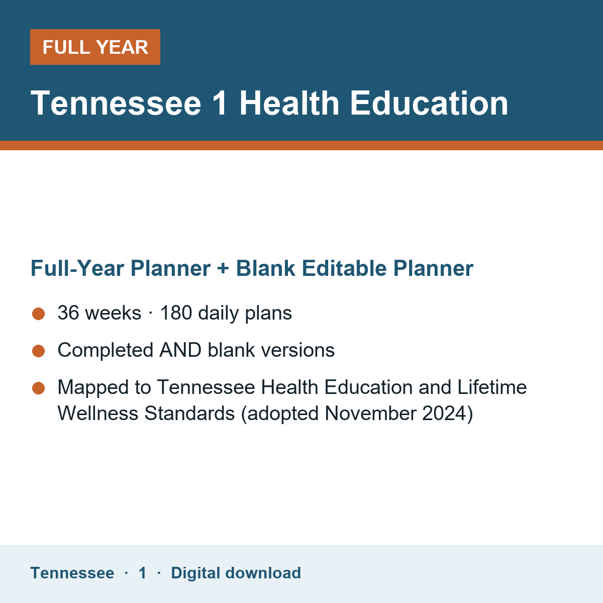 Cover of the Tennessee Grade 1 Health Education full-year teacher planner