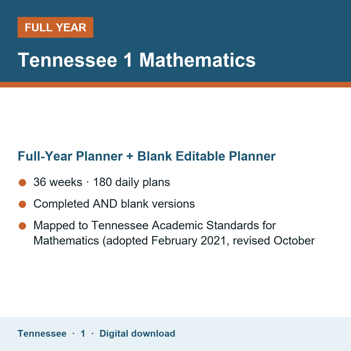 Cover of the Tennessee Grade 1 Mathematics full-year teacher planner
