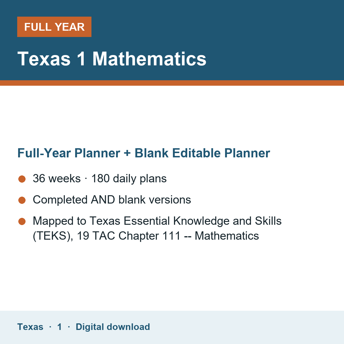 Cover of the Texas Grade 1 Mathematics full-year teacher planner