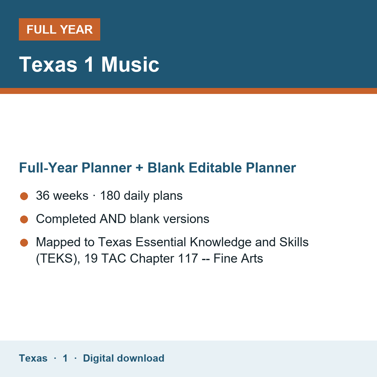Cover of the Texas Grade 1 Music full-year teacher planner