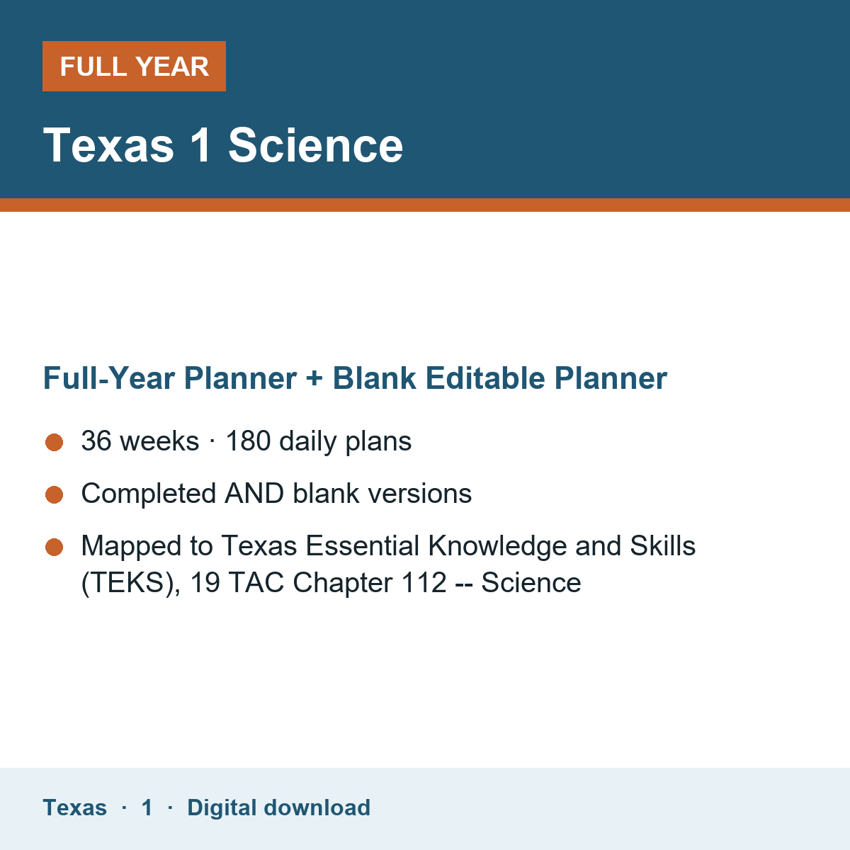 Cover of the Texas Grade 1 Science full-year teacher planner
