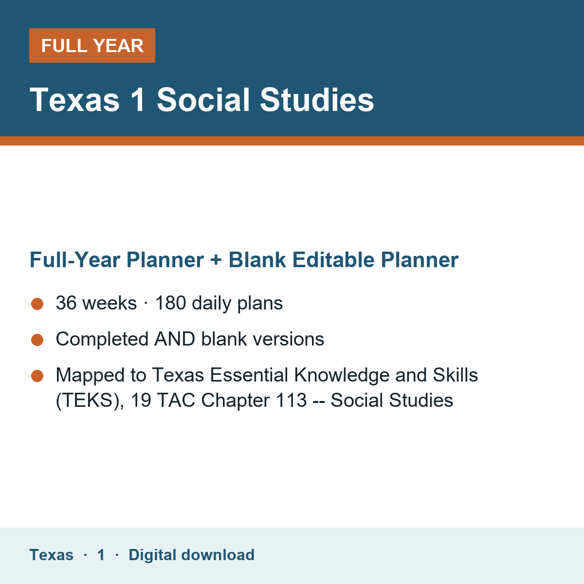Cover of the Texas Grade 1 Social Studies full-year teacher planner