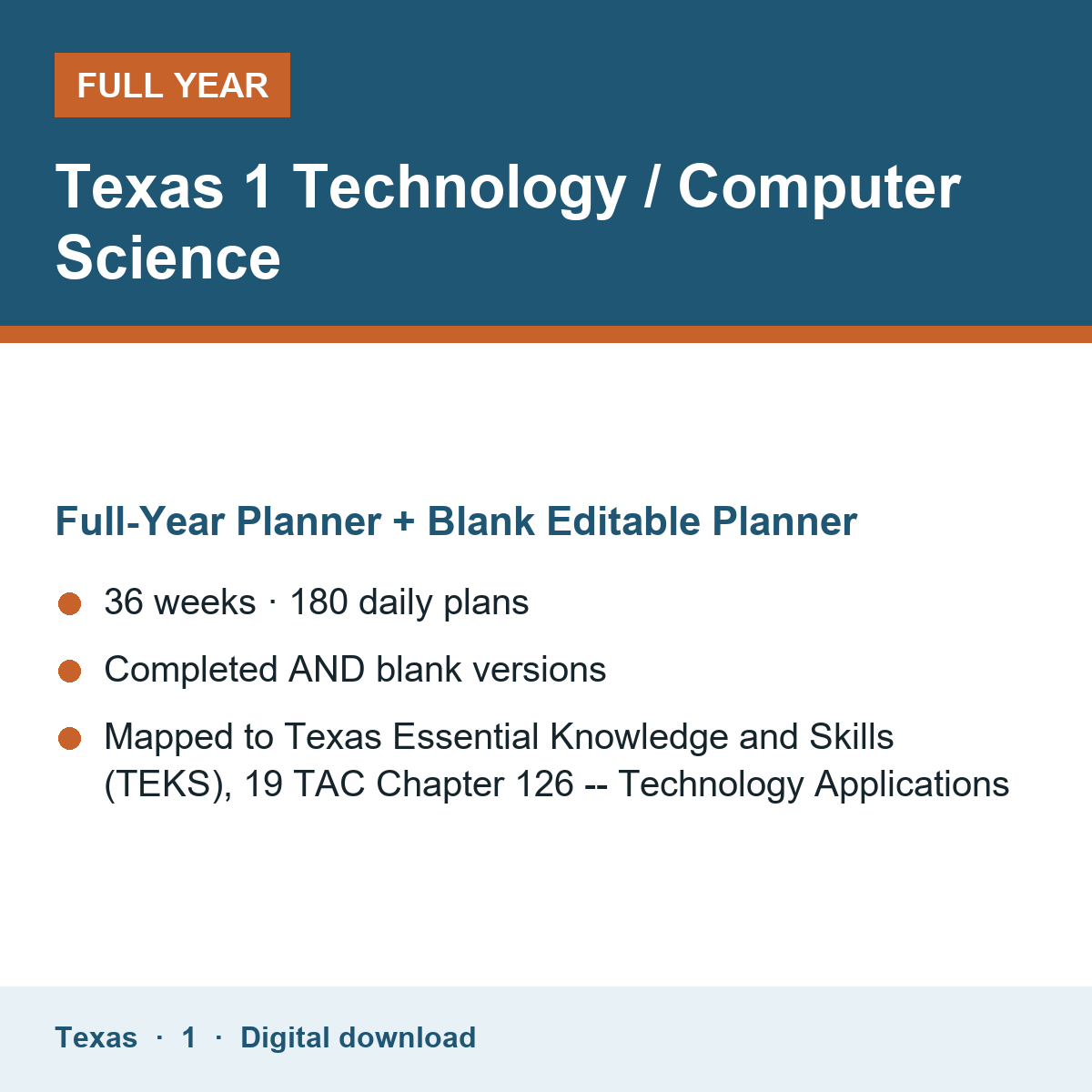 Cover of the Texas Grade 1 Technology / Computer Science full-year teacher planner