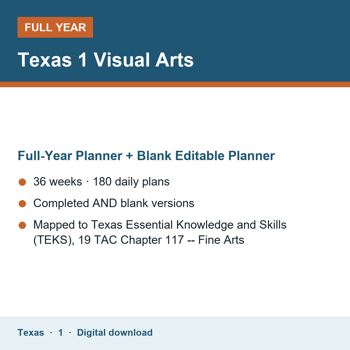 Cover of the Texas Grade 1 Visual Arts full-year teacher planner