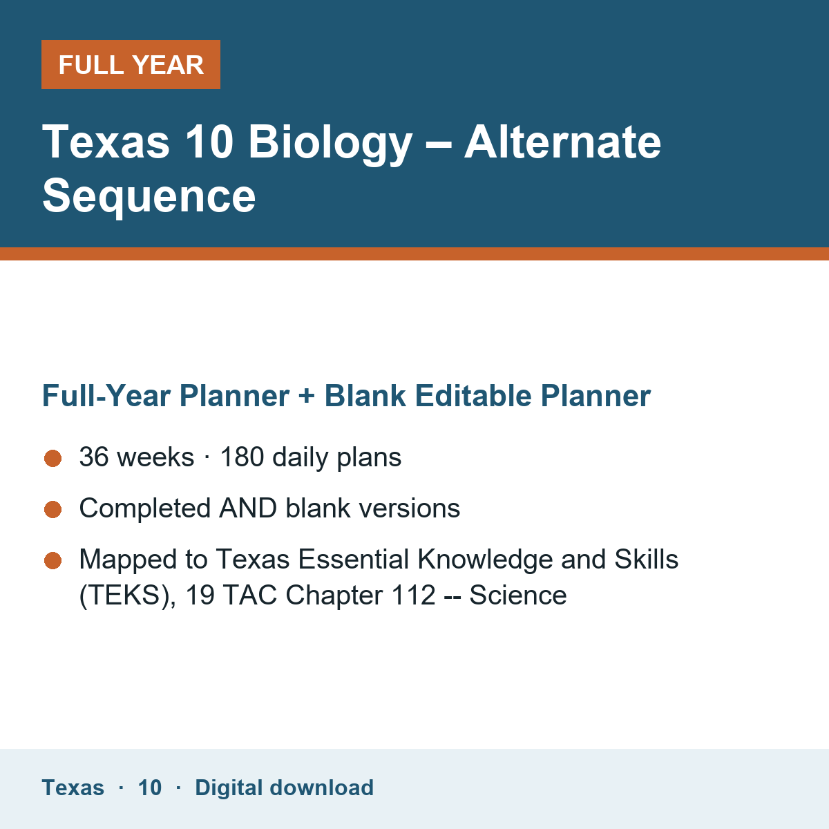 Cover of the Texas Grade 10 Biology – Alternate Sequence full-year teacher planner