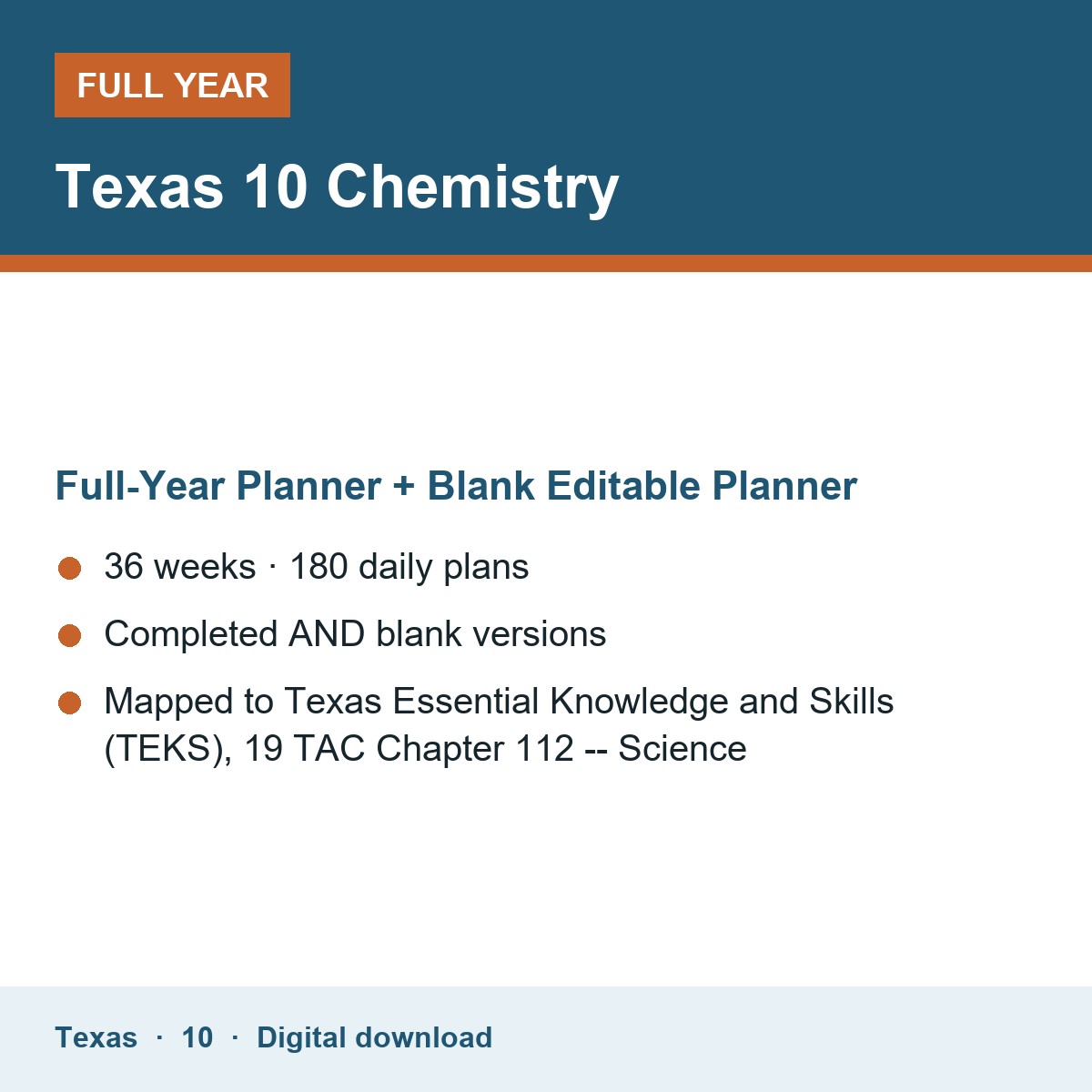 Cover of the Texas Grade 10 Chemistry full-year teacher planner