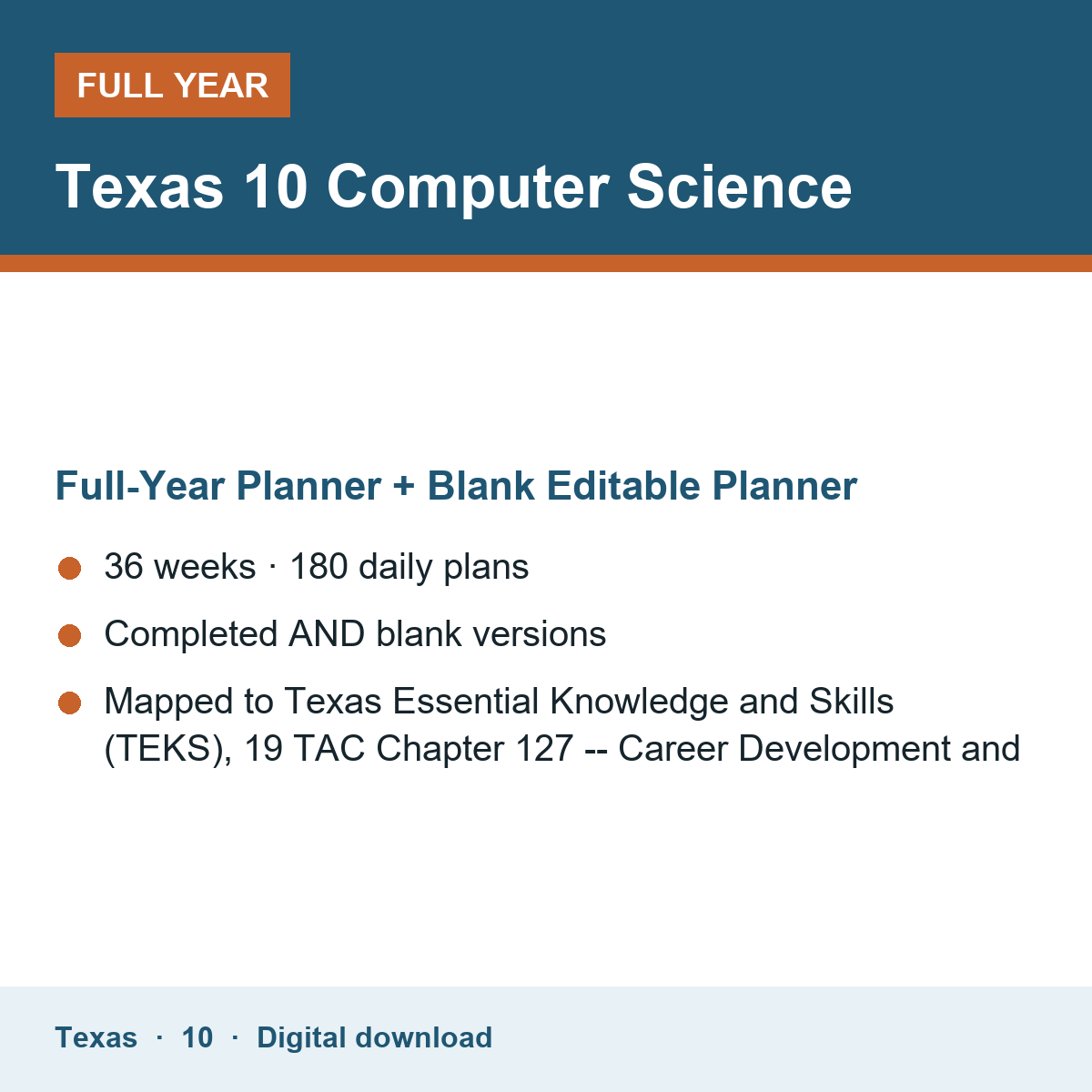 Cover of the Texas Grade 10 Computer Science full-year teacher planner