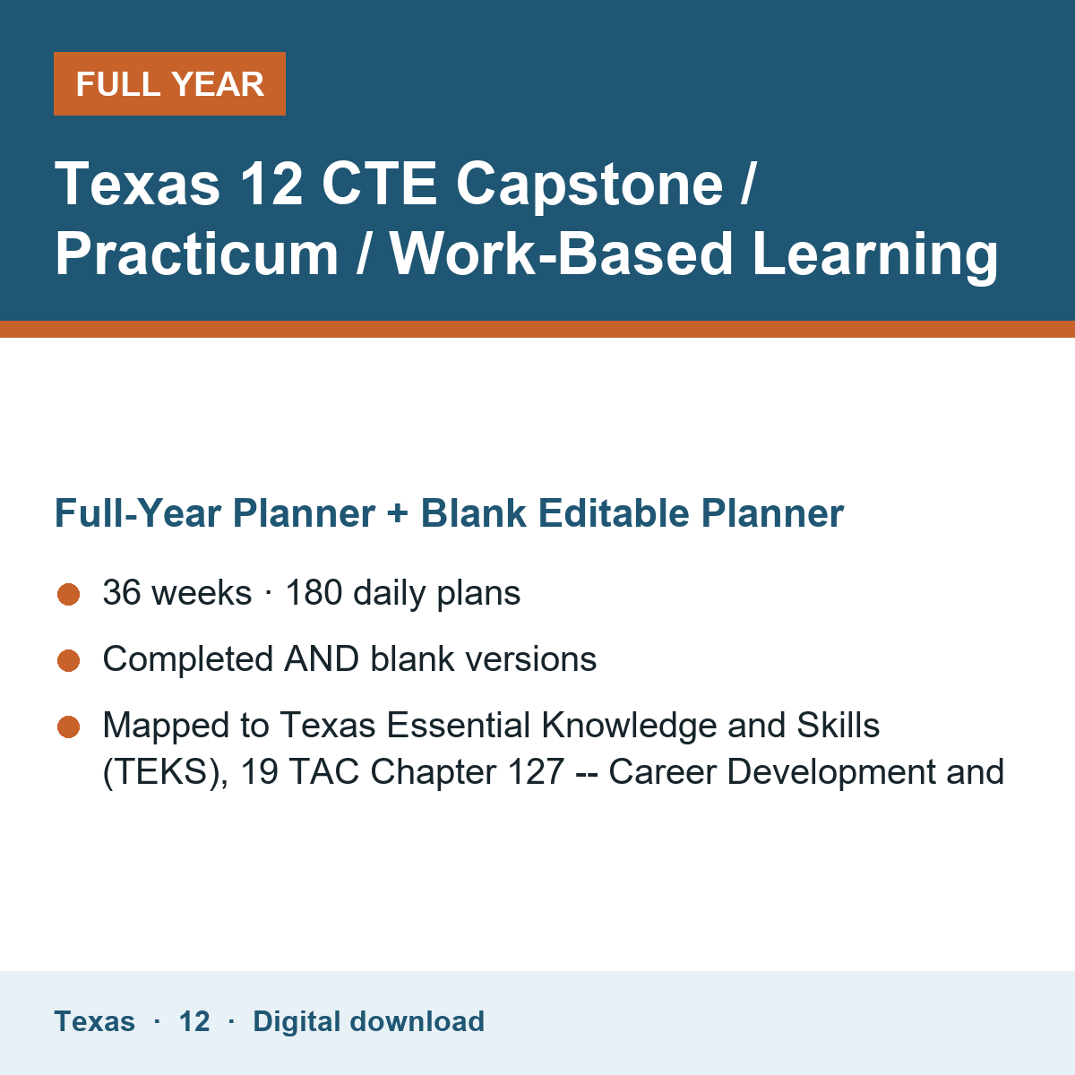 Cover of the Texas Grade 12 CTE Capstone / Practicum / Work-Based Learning full-year teacher planner