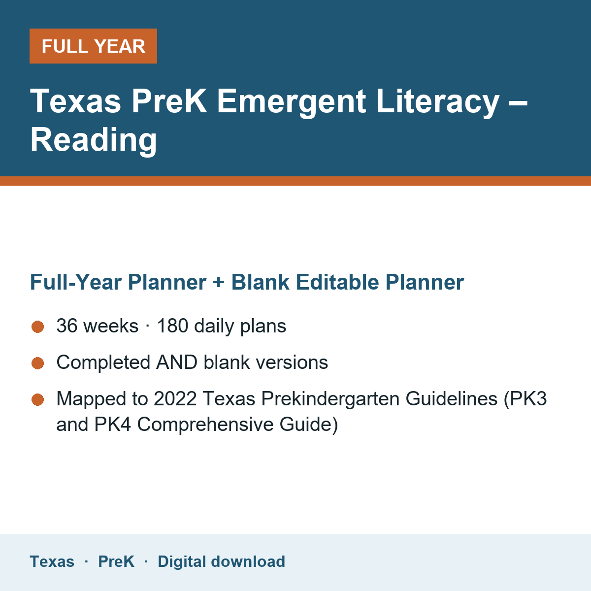 Cover of the Texas PreK Emergent Literacy – Reading full-year teacher planner
