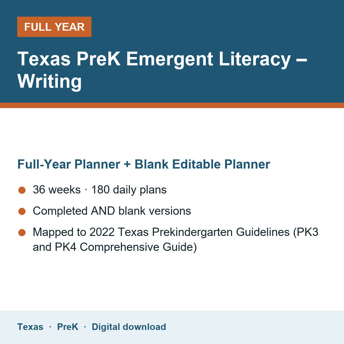Cover of the Texas PreK Emergent Literacy – Writing full-year teacher planner