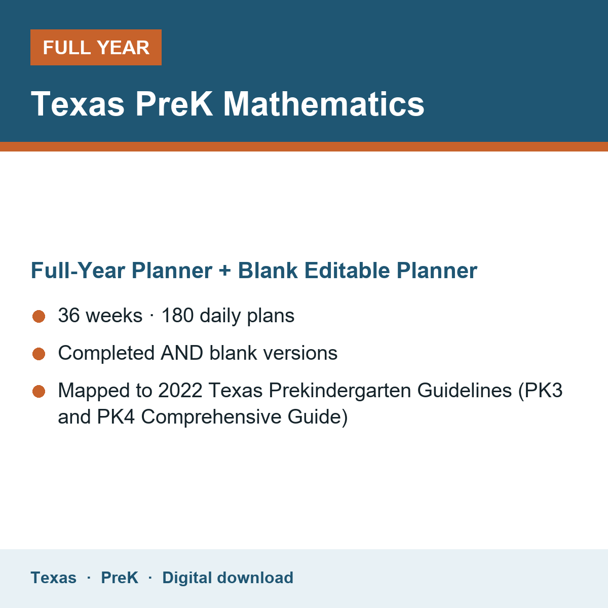 Cover of the Texas PreK Mathematics full-year teacher planner