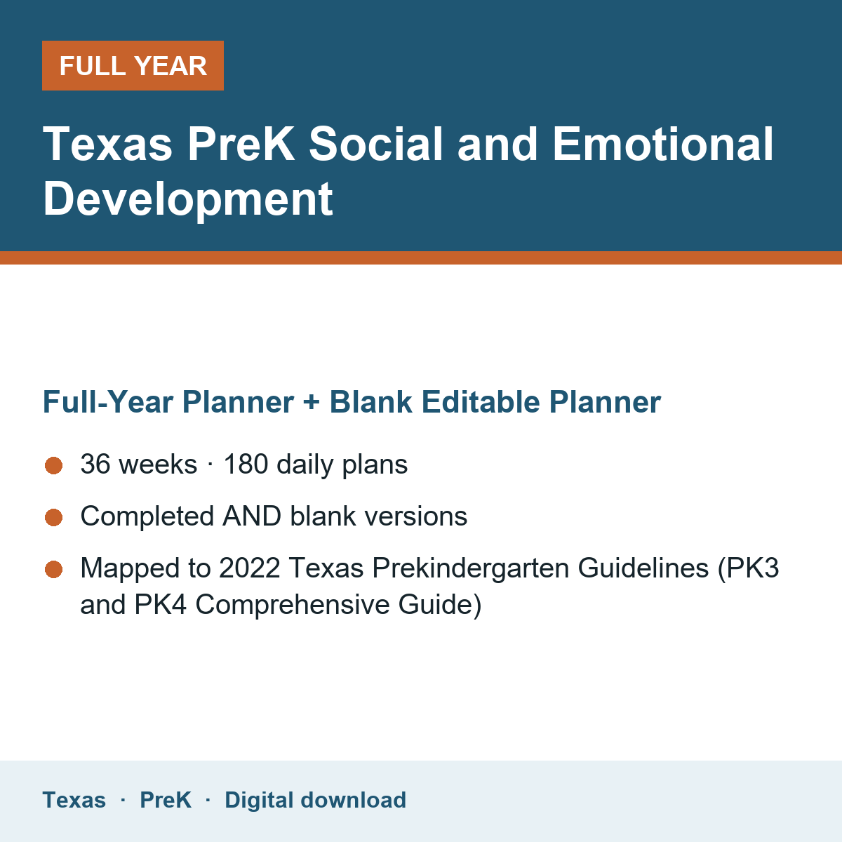 Cover of the Texas PreK Social and Emotional Development full-year teacher planner
