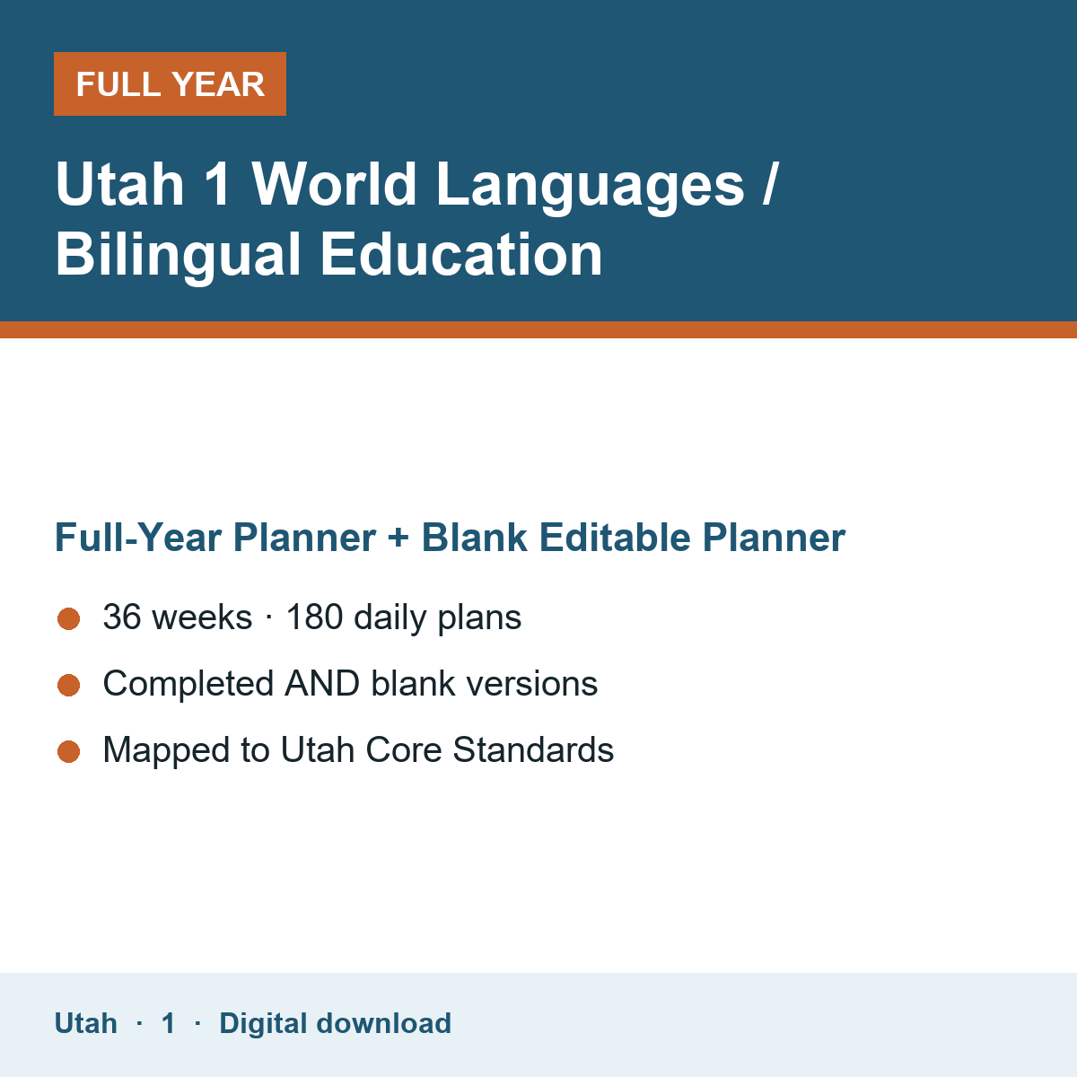 Cover of the Utah Grade 1 World Languages / Bilingual Education full-year teacher planner