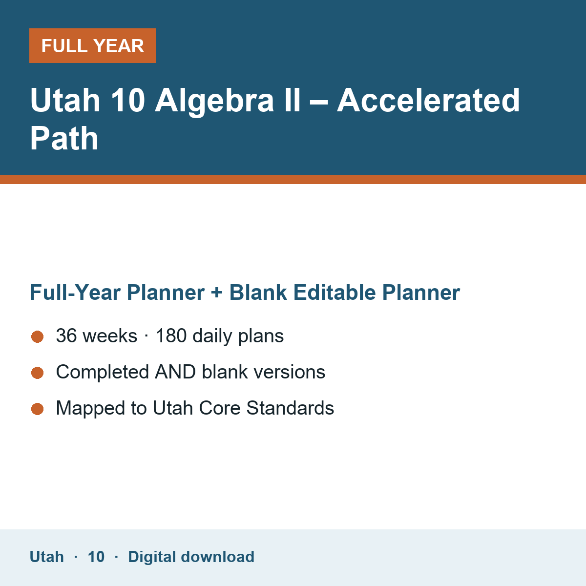 Cover of the Utah Grade 10 Algebra II – Accelerated Path full-year teacher planner