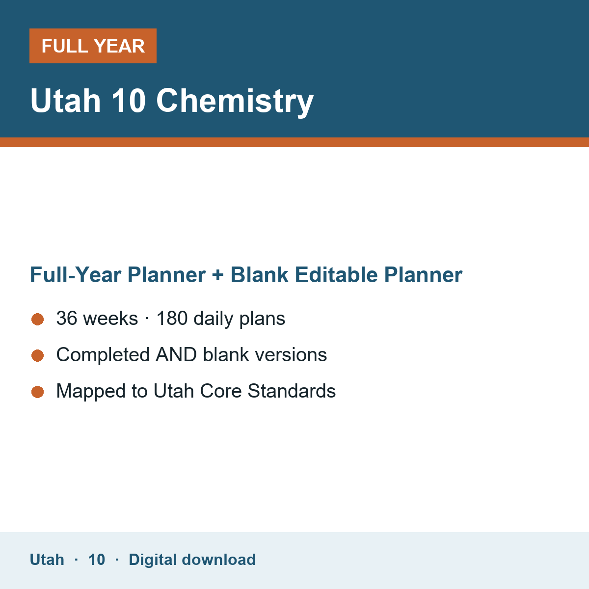 Cover of the Utah Grade 10 Chemistry full-year teacher planner