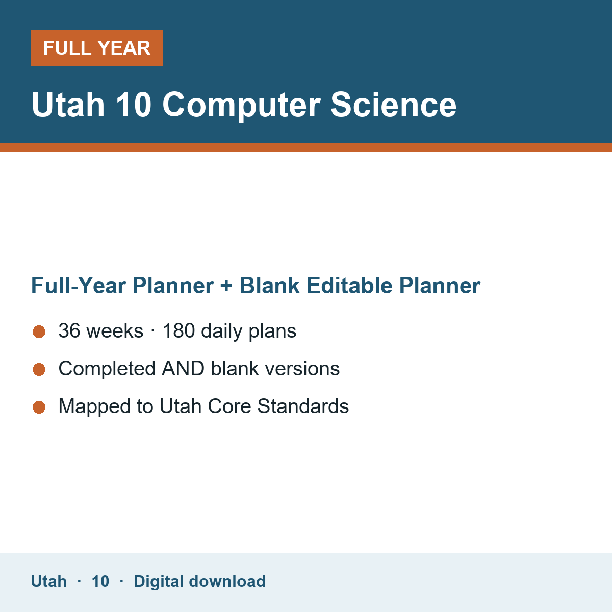 Cover of the Utah Grade 10 Computer Science full-year teacher planner