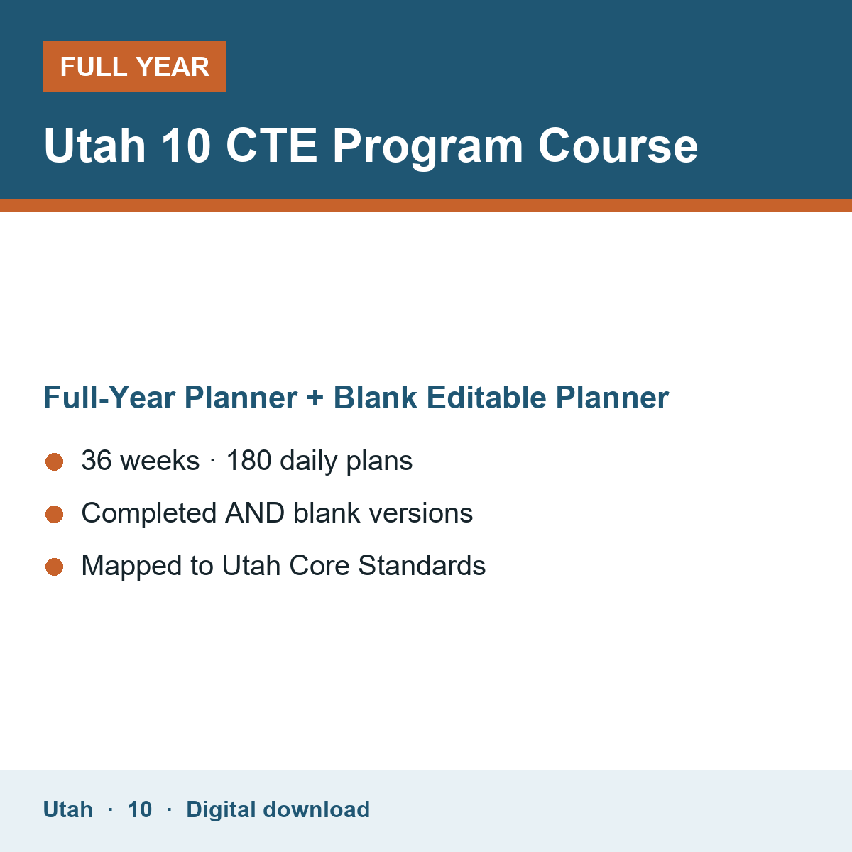 Cover of the Utah Grade 10 CTE Program Course full-year teacher planner